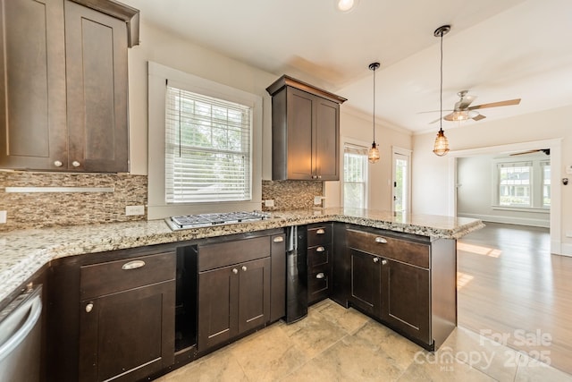 kitchen with appliances with stainless steel finishes, tasteful backsplash, dark brown cabinetry, and a ceiling fan