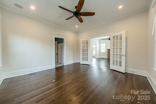 unfurnished room featuring baseboards, ceiling fan, french doors, and dark wood-type flooring