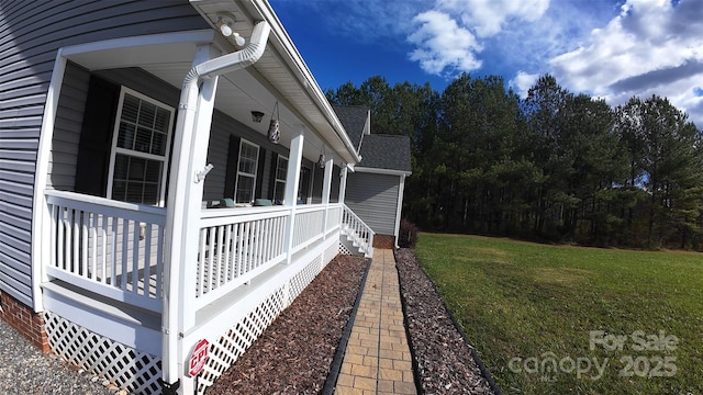 view of property exterior featuring a porch, a yard, and roof with shingles