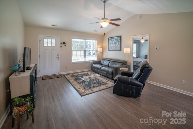 living room with a ceiling fan, dark wood-style flooring, baseboards, and visible vents