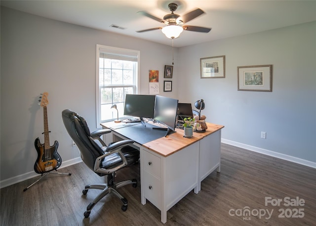 office area with dark wood finished floors, visible vents, ceiling fan, and baseboards