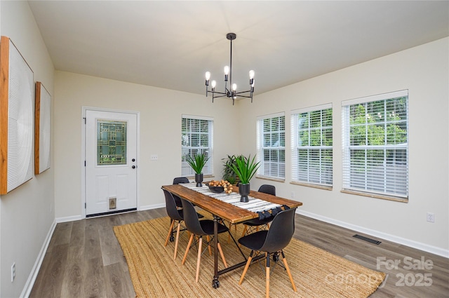 dining room with a chandelier, wood finished floors, and healthy amount of natural light