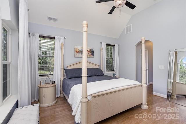 14807 Middlesborough Dr, Matthews, NC 28104 - bedroom with multiple windows, wood finished floors, lofted ceiling, and arched walkways