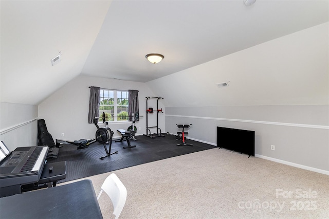 14807 Middlesborough Dr, Matthews, NC 28104 - exercise area featuring vaulted ceiling, carpet flooring, and baseboards