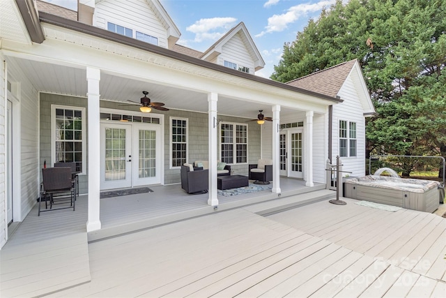 14807 Middlesborough Dr, Matthews, NC 28104 - wooden terrace featuring french doors, a ceiling fan, a hot tub, and outdoor lounge area