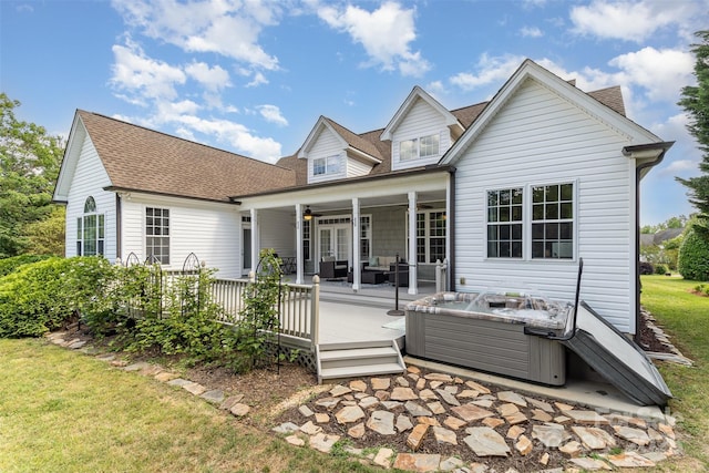 14807 Middlesborough Dr, Matthews, NC 28104 - rear view of property with a deck, outdoor lounge area, a shingled roof, and french doors