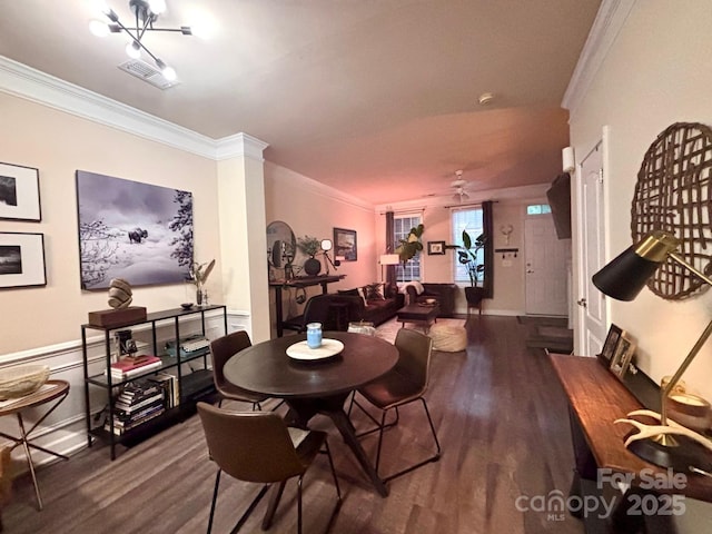 9832 Longstone Ln, Charlotte, NC 28277 - dining space featuring ornamental molding, wood finished floors, a ceiling fan, and baseboards