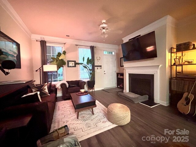 9832 Longstone Ln, Charlotte, NC 28277 - living room with wood finished floors, a fireplace, a ceiling fan, baseboards, and crown molding