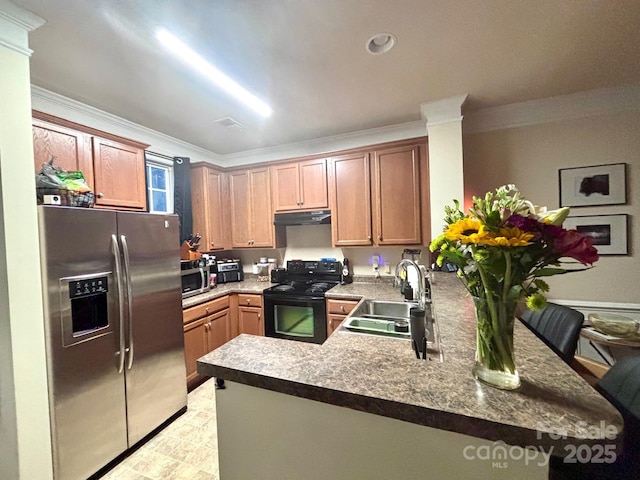 9832 Longstone Ln, Charlotte, NC 28277 - kitchen featuring stainless steel appliances, a sink, a peninsula, ornamental molding, and under cabinet range hood