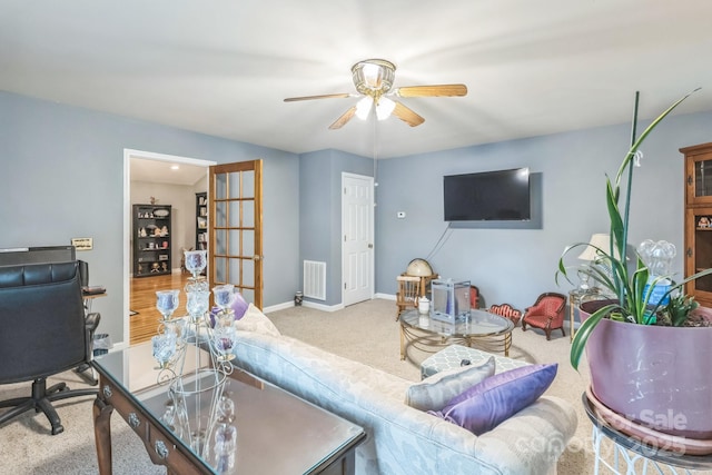 3585 Goodman Lake Rd, Salisbury, NC 28146 - living area with carpet, visible vents, ceiling fan, and baseboards