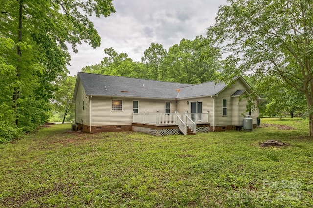 3585 Goodman Lake Rd, Salisbury, NC 28146 - back of property with roof with shingles, a deck, a yard, and crawl space
