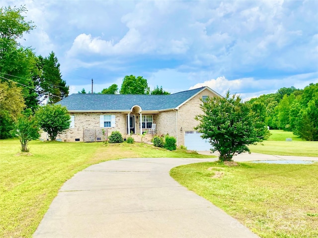 970 Mt Moriah Church Rd, China Grove, NC 28023 - ranch-style home with concrete driveway, brick siding, a garage, and a front lawn