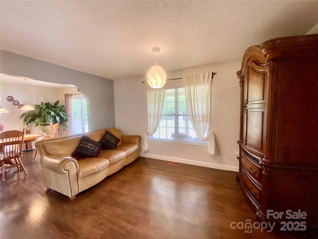 970 Mt Moriah Church Rd, China Grove, NC 28023 - living area with dark wood-type flooring, arched walkways, baseboards, and a textured ceiling