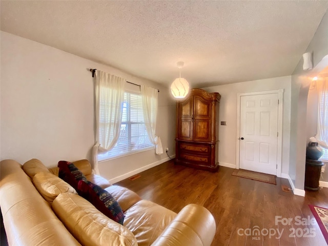 970 Mt Moriah Church Rd, China Grove, NC 28023 - living area featuring baseboards, visible vents, a textured ceiling, and dark wood-type flooring