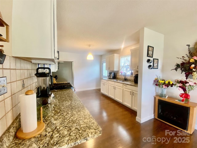 970 Mt Moriah Church Rd, China Grove, NC 28023 - kitchen with dark wood finished floors, a sink, light stone counters, freestanding refrigerator, and white cabinetry