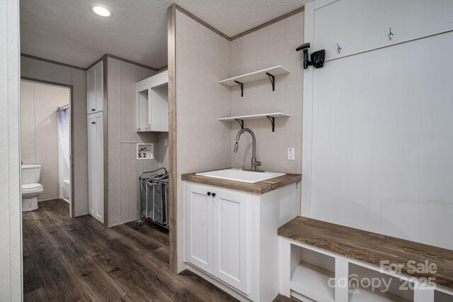 interior space with a textured ceiling, hookup for a washing machine, a sink, dark wood-type flooring, and laundry area