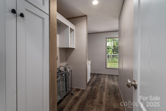 washroom with dark wood finished floors and a textured ceiling