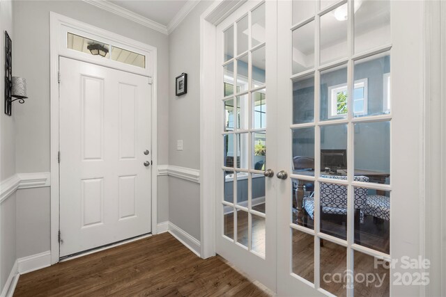 3588 County Down Ave, Kannapolis, NC 28081 - doorway with french doors, crown molding, baseboards, and dark wood finished floors