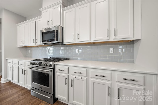 3588 County Down Ave, Kannapolis, NC 28081 - kitchen with stainless steel appliances, white cabinetry, tasteful backsplash, light stone counters, and dark wood-type flooring
