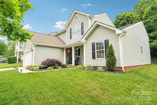 3032 Kilbeggan Dr, Clover, SC 29710 - traditional-style house with an attached garage, a porch, a front yard, and roof with shingles
