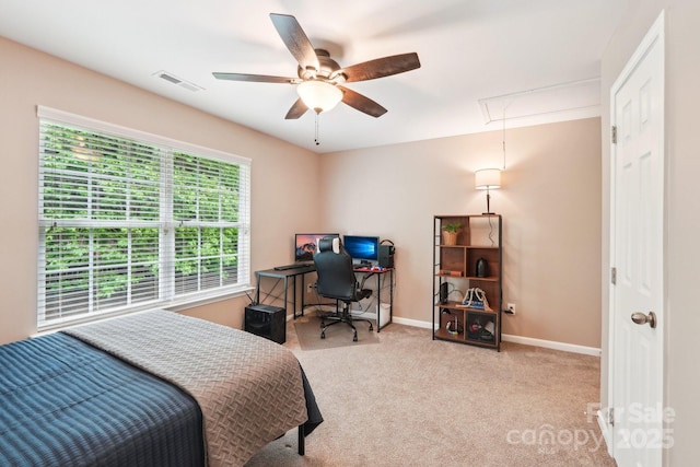 3032 Kilbeggan Dr, Clover, SC 29710 - carpeted bedroom with attic access, baseboards, an office area, and ceiling fan