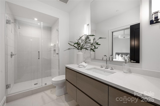 614 Queens Rd, Charlotte, NC 28207 - full bath featuring toilet, tile patterned flooring, a stall shower, and vanity