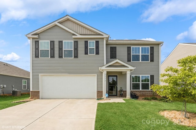 2772 Sherrills Stream Dr, Sherrills Ford, NC 28673 - view of front of home featuring brick siding, a garage, a front lawn, concrete driveway, and central air condition unit