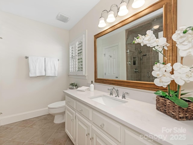 232 Perrin Pl, Charlotte, NC 28207 - full bathroom with a stall shower, tile patterned floors, toilet, vanity, and baseboards