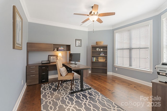 office with a ceiling fan, baseboards, wood finished floors, a wealth of natural light, and ornamental molding