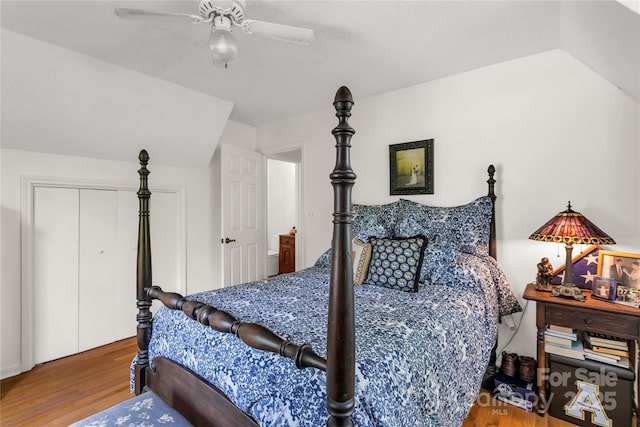 709 Weldon Ln, Salisbury, NC 28146 - bedroom with ceiling fan, a closet, wood finished floors, and lofted ceiling