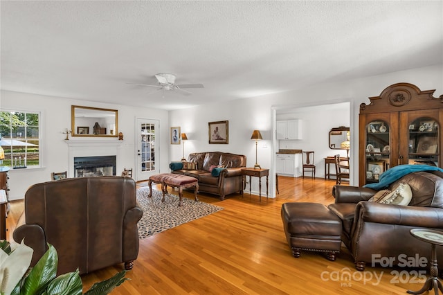 709 Weldon Ln, Salisbury, NC 28146 - living area featuring ceiling fan, a glass covered fireplace, a healthy amount of sunlight, and light wood finished floors