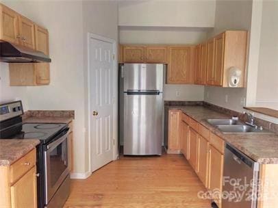 kitchen with under cabinet range hood, stainless steel appliances, a sink, and light wood finished floors