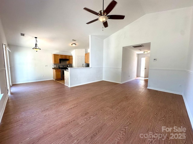8551 Appledale Dr, Charlotte, NC 28262 - unfurnished living room with a ceiling fan, dark wood-style flooring, baseboards, and high vaulted ceiling