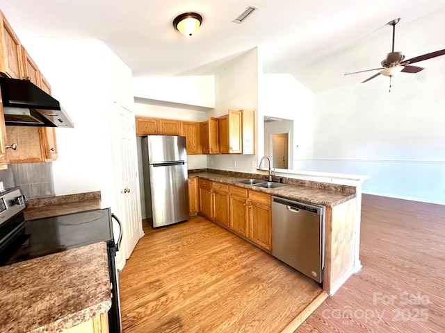 8551 Appledale Dr, Charlotte, NC 28262 - kitchen featuring appliances with stainless steel finishes, under cabinet range hood, a sink, a ceiling fan, and lofted ceiling