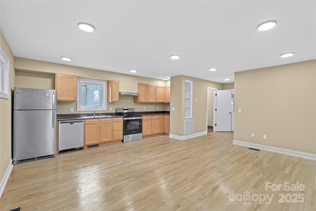 kitchen featuring light wood-style floors, appliances with stainless steel finishes, dark countertops, a sink, and baseboards