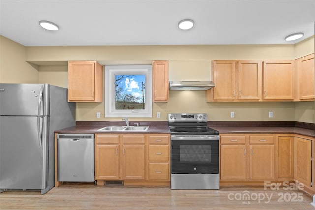 kitchen with light wood-style floors, under cabinet range hood, appliances with stainless steel finishes, dark countertops, and a sink