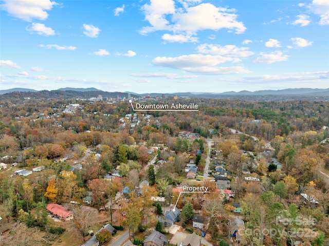 drone / aerial view featuring a mountain view
