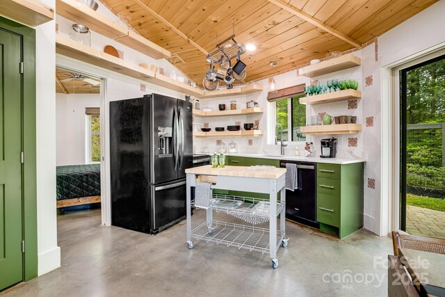 16 Caddis Ct, Marshall, NC 28753 - kitchen with green cabinetry, black appliances, open shelves, wooden ceiling, and finished concrete flooring