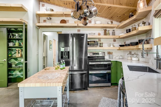 16 Caddis Ct, Marshall, NC 28753 - kitchen featuring appliances with stainless steel finishes, concrete flooring, a sink, open shelves, and wooden ceiling