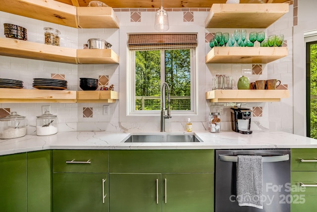 16 Caddis Ct, Marshall, NC 28753 - kitchen with open shelves, stainless steel dishwasher, and green cabinetry