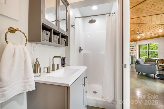 16 Caddis Ct, Marshall, NC 28753 - full bathroom featuring wooden ceiling, a stall shower, vanity, recessed lighting, and finished concrete flooring