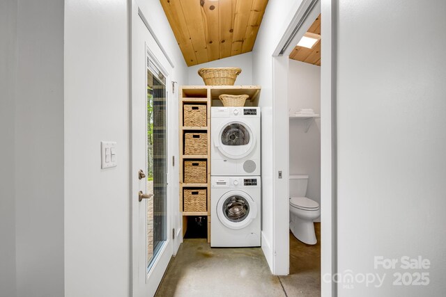 16 Caddis Ct, Marshall, NC 28753 - laundry room featuring stacked washer / dryer and wooden ceiling