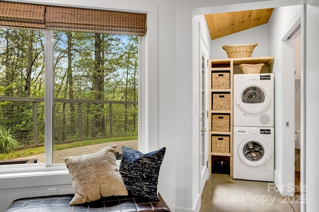 16 Caddis Ct, Marshall, NC 28753 - washroom featuring stacked washing machine and dryer, plenty of natural light, and wooden ceiling
