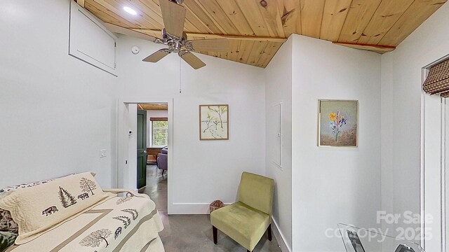 16 Caddis Ct, Marshall, NC 28753 - bedroom with wood ceiling, concrete flooring, baseboards, ceiling fan, and recessed lighting