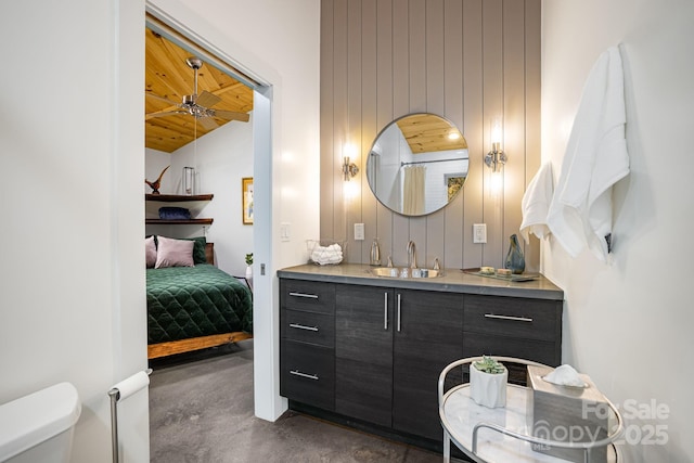 16 Caddis Ct, Marshall, NC 28753 - full bath with finished concrete flooring, toilet, vanity, connected bathroom, and lofted ceiling