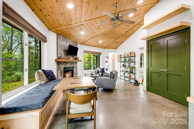 16 Caddis Ct, Marshall, NC 28753 - living area with wooden ceiling, a fireplace, recessed lighting, finished concrete flooring, and a ceiling fan