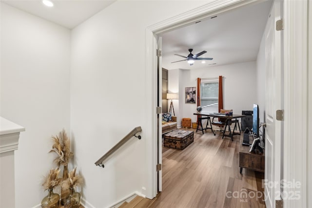 104 Trellis Ln, Troutman, NC 28166 - hall with light wood-style floors, an office area, recessed lighting, and an upstairs landing