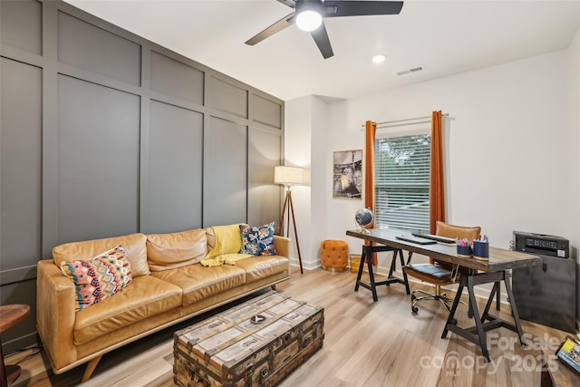 104 Trellis Ln, Troutman, NC 28166 - office area featuring ceiling fan, light wood finished floors, and baseboards