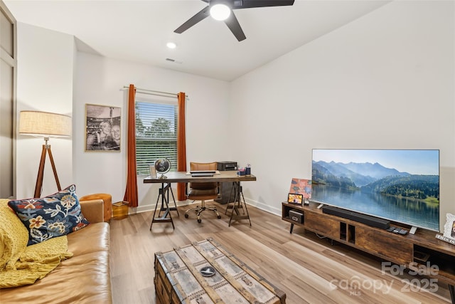 104 Trellis Ln, Troutman, NC 28166 - office space with light wood-style flooring, ceiling fan, baseboards, and recessed lighting