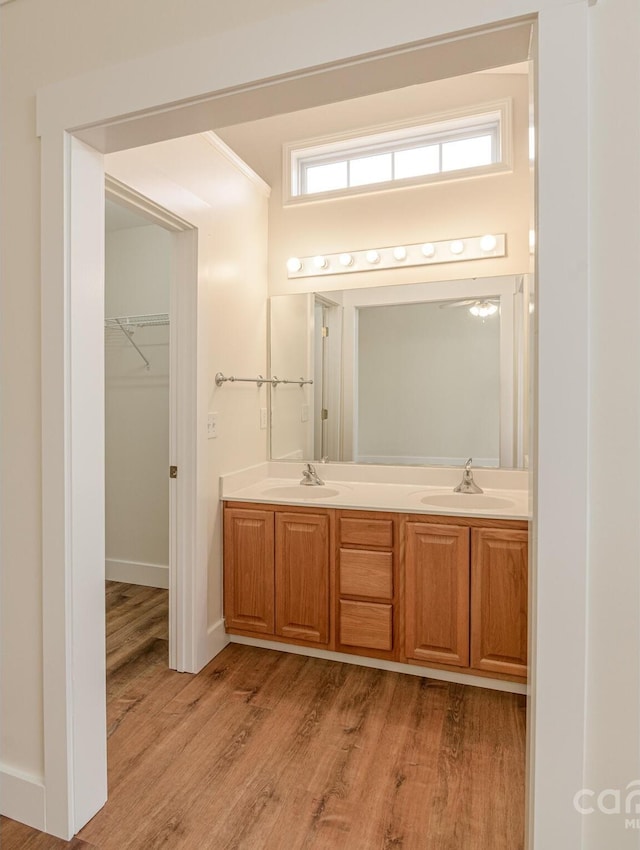full bathroom with a sink, double vanity, wood finished floors, and a spacious closet